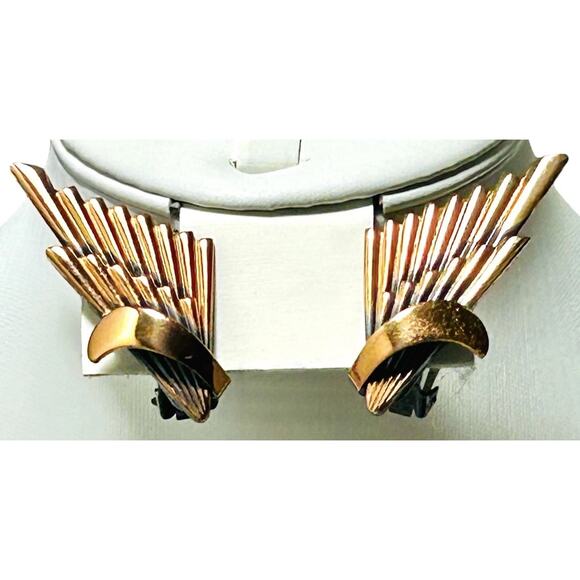 Vintage Copper Earrings Clip On Art Deco Statement Modern Wings Geometric - Picture 2 of 8